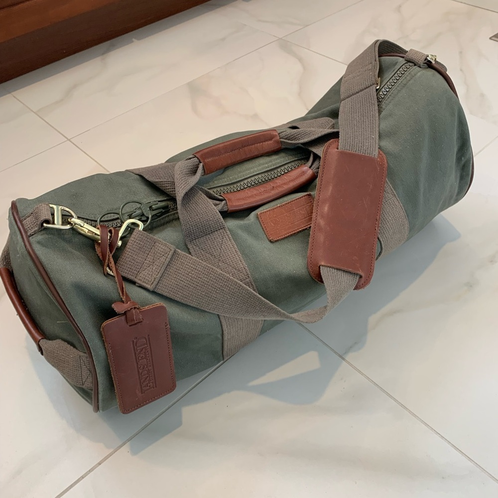 Stylish Green canvas and Brown leather duffle Bag